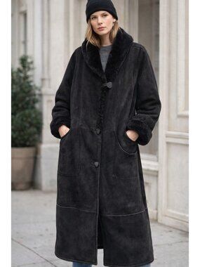 Rafel Brothers Shearling Coat Womens 8 Black Sheepskin Fur Lined Leather Coat